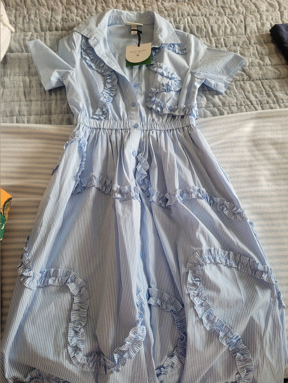 kate spade Light Blue and White Striped Midi Dress with Ruffle Trim